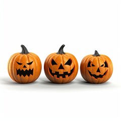 Fototapeta premium Three Smiling Pumpkins Featuring a Detailed Carved Faces isolated on white background. A cheerful jack lanterns for Halloween decorations and seasonal celebrations
