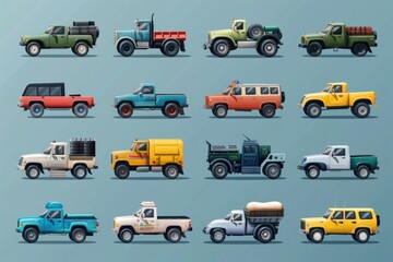 Naklejka premium A collection of colorful vehicles on a bright blue surface