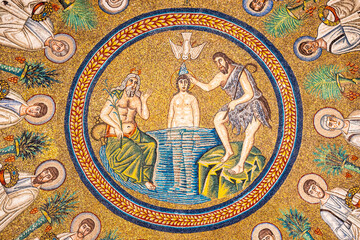 Beautiful mosaic showing the baptism of Jesus in Arians Baptistery in Ravenna