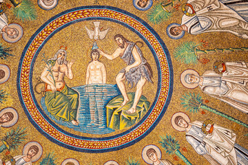 Detail of medieval mosaic showing the baptism of Jesus in Arians baptistry in  Ravenna