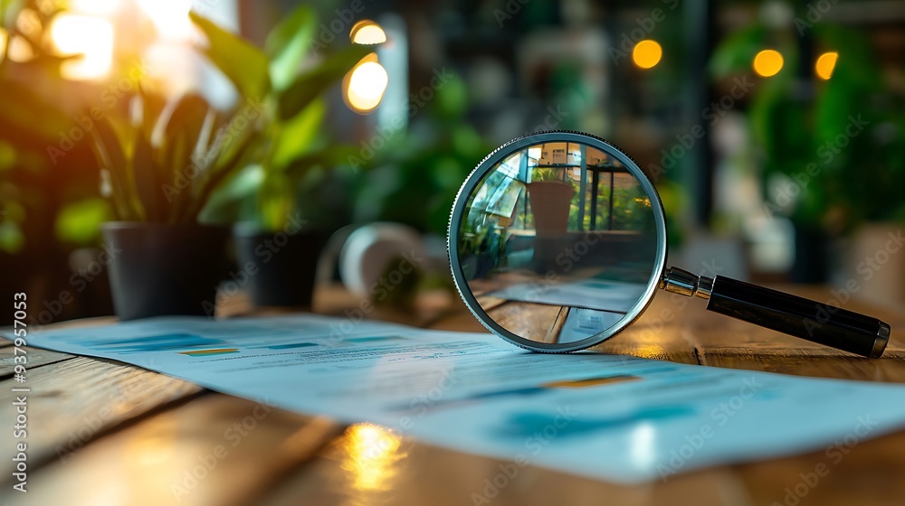 Poster magnifying glass on financial report with data analysis and charts, representing close examination a