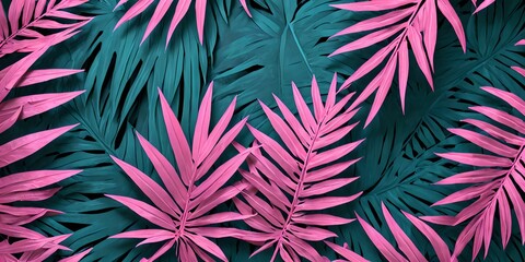 Abstract tropical background with blue and pink palm leaves.