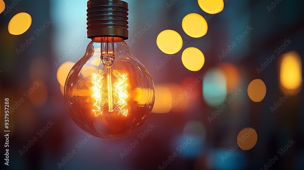 Poster glowing lightbulb with bokeh background, representing the spark of creativity and the power of new i
