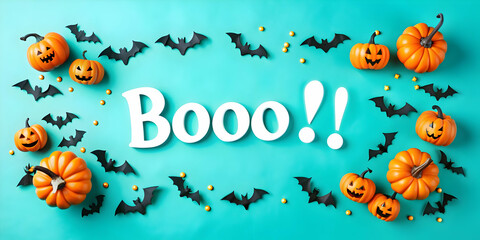 Flat Jack o Lantern and Bat Border with Boo  Text concept as A vibrant border frame featuring glowing jack o lanterns and bats flying around the edges with the word Boo  in a playful font at the top. 