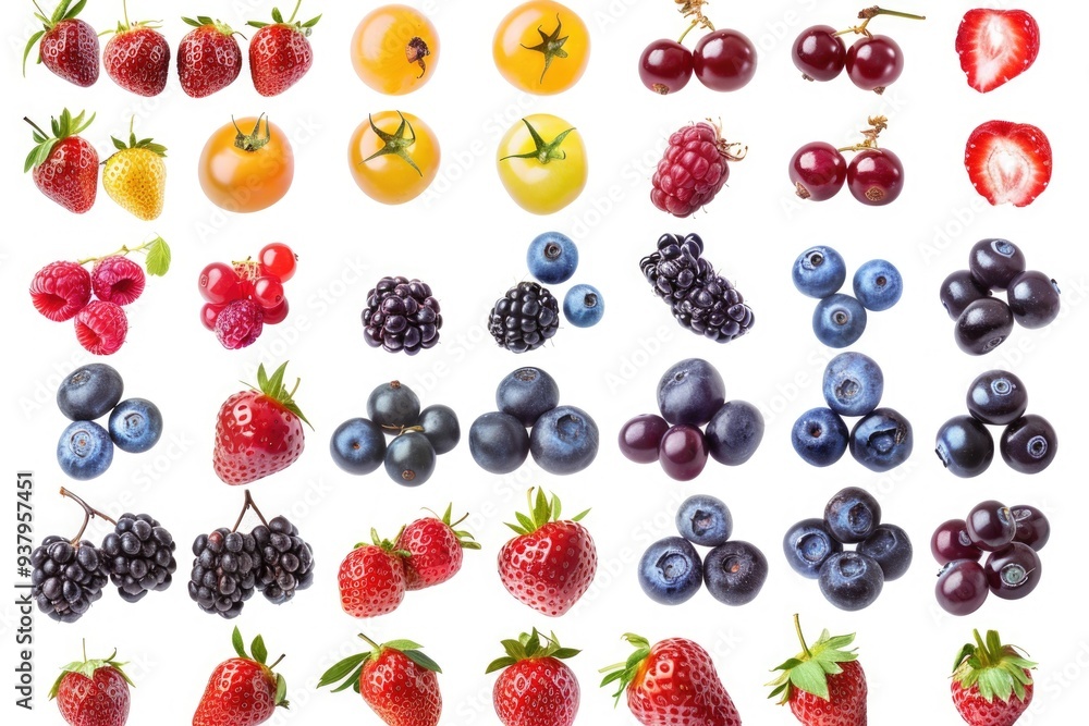 Poster A selection of various colored berries arranged neatly on a white surface