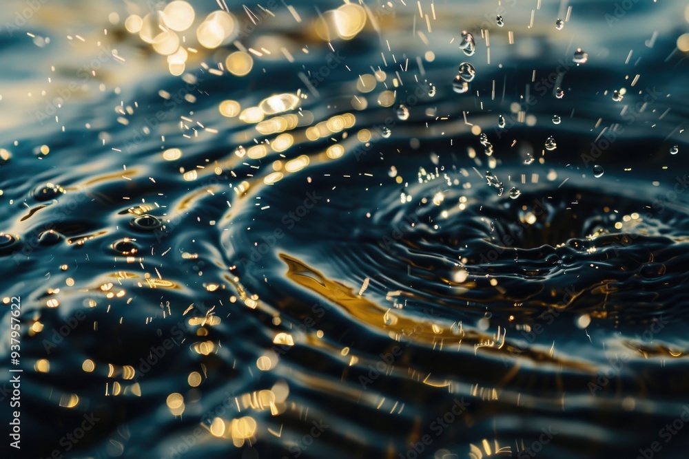 Poster a close-up view of the water's surface featuring tiny water droplets, suitable for use in scientific