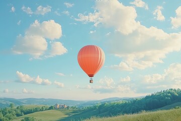 Fototapeta premium Hot air balloon soaring over lush green hills under blue skies