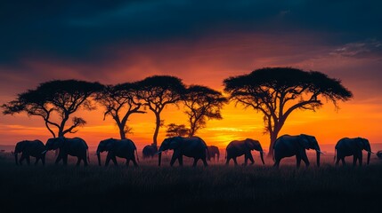 A herd of elephants is silhouetted against a vibrant sunset in the African savannah, making it ideal for nature, wildlife, or travel content,