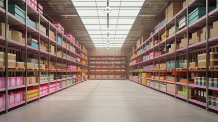 A large pink and orange warehouse with many shelves