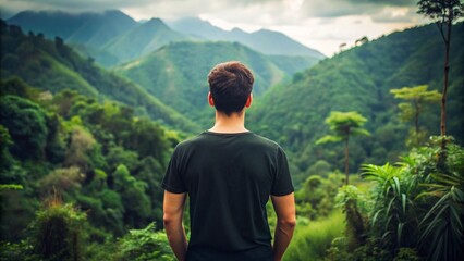 Naklejka premium Young man taking adventure on mountain, travel theme background photo