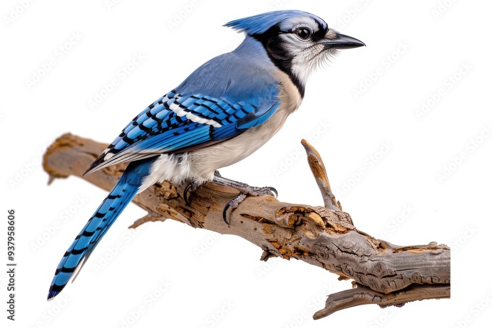 Canvas Prints A blue and white bird sits peacefully on a branch, with leaves and branches in the background