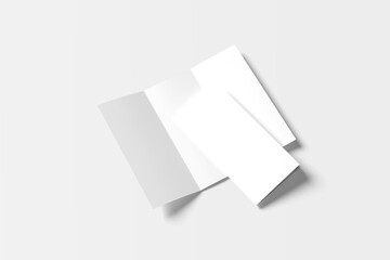 3D realistically rendered tri-fold brochure mockup drawing. Two brochure mockups standing on isolated gray background.