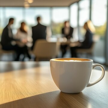 Business meeting with coffee in bright office setting