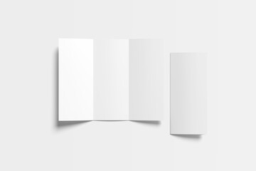 3D realistically rendered tri-fold brochure mockup drawing. Three brochure mockups standing on isolated gray background.
