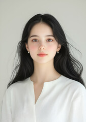 Portrait of a Beautiful Young Woman with Long Dark Hair Wearing Elegant Earrings and a White Dress