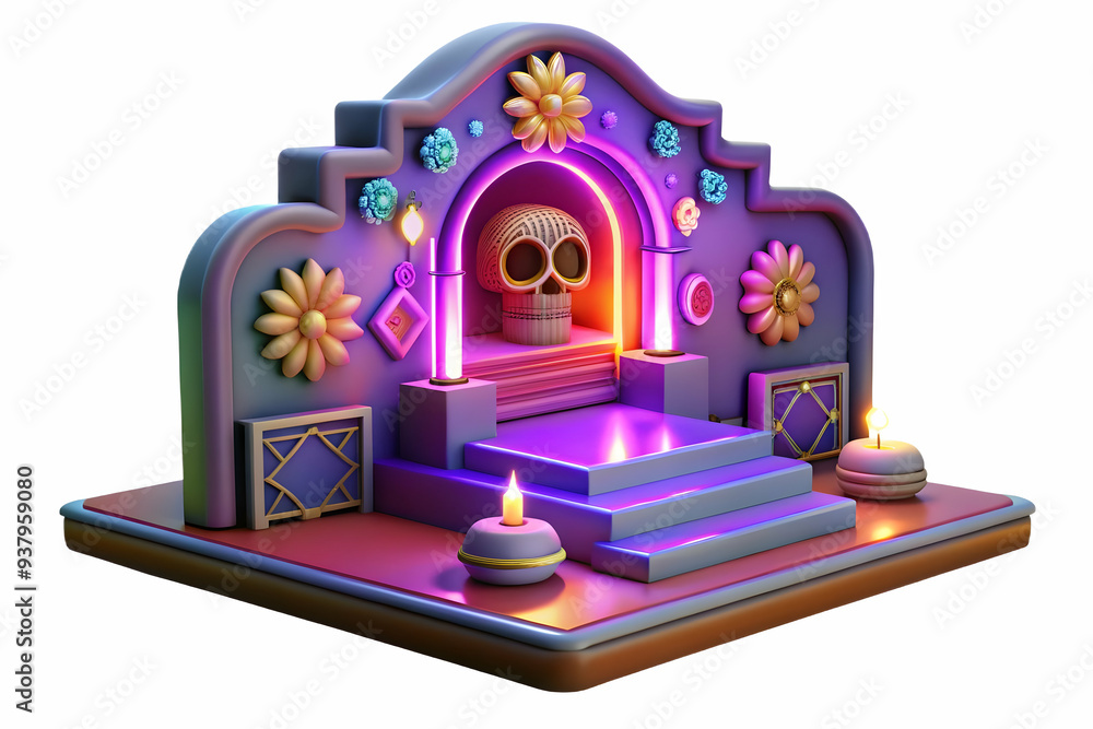 Poster flat neon altar with digital glowing elements concept as an abstract digital artwork of a traditiona