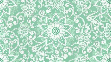 Fresh mint green geometric seamless pattern with intricate swirling shapes and delicate florals, perfect for backgrounds, textures, and design elements in spring and summer themes.