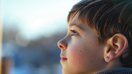 A young boy with brown hair and freckles looks off to the side.