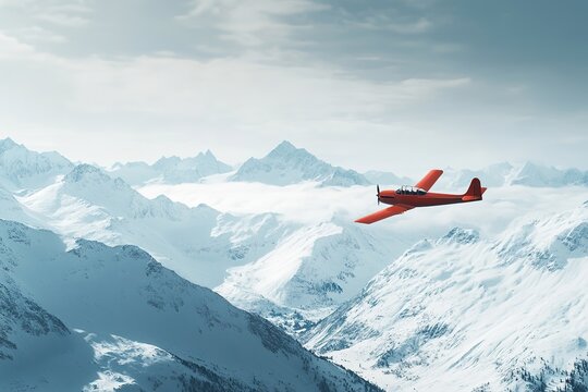 Red plane flying over snowy mountains in clear sky