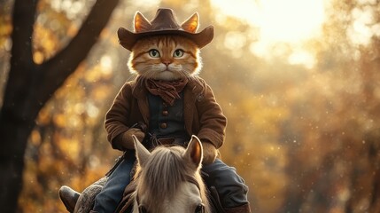 A photograph of an anthropomorphic cat dressed as a human, wearing a brown jacket and blue jeans, riding on the back of a small horse in a forest