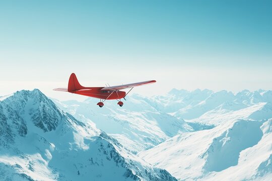 Red plane flying over snowy mountains under blue sky