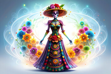 Flat Neon Catrina Figure with Glowing Floral Elements concept as A digital artwork featuring a neon Catrina figure adorned with glowing floral elements set against an abstract background with swirling