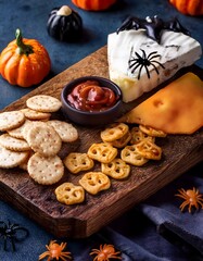 Fototapeta premium Halloween cheeseboard with creepy crackers and spooky party prop decor.