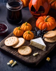 Halloween cheeseboard with creepy crackers and spooky party prop decor.