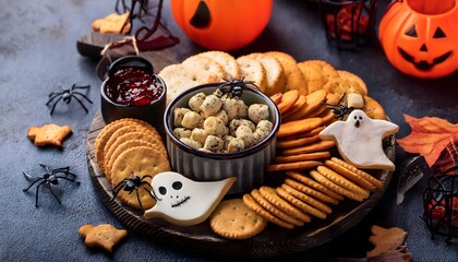 Fototapeta premium Halloween cheeseboard with creepy crackers and spooky party prop decor.