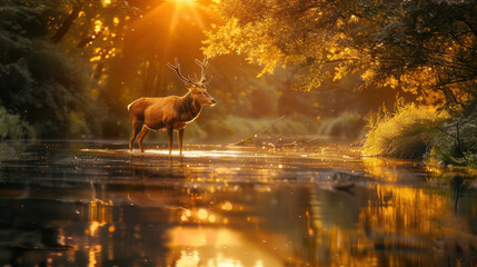 A graceful stag beside a tranquil forest stream, the water reflecting the golden hues of the setting sun, the trees gently swaying in the breeze