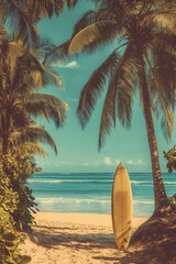 Surfbrett mit Palmen und Meer