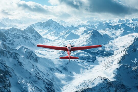 Red plane flying over snowy mountains