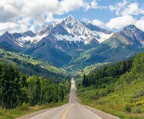Fototapeta premium Scenic mountain highway winding through lush greenery on a sunny day