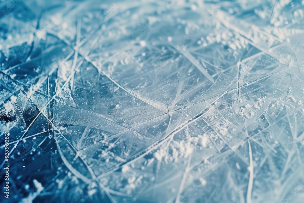 Poster close-up view of the smooth, icy surface with frost and snowflakes