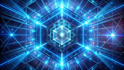 Obraz premium Geometric shape with glowing blue lines and cubes unfolding from center, representing time-space continuum and abstract mathematical concepts in futuristic, neon-lit atmosphere.