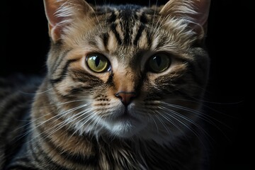 An intense close-up portrait of a tabby cat with piercing green eyes, highlighting its detailed fur, sharp whiskers, and captivating gaze against a dark background.