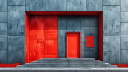 An abstract, minimalistic illustration of a door with simple geometric shapes and bold colors, representing an entrance to a modern art gallery