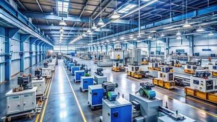 Fototapeta premium Gleaming rows of precision-made machinery hum with activity in a state-of-the-art factory, serving as a testament to modern industrial manufacturing prowess and innovation.
