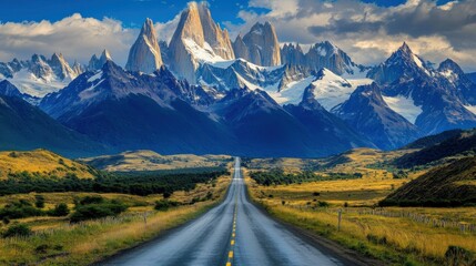 Scenic mountain road in Patagonia under dramatic skies and peaks
