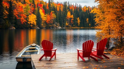 Two red chairs on wooden dock in autumn forest, lake view, Canadian landscape, beautiful scenery.