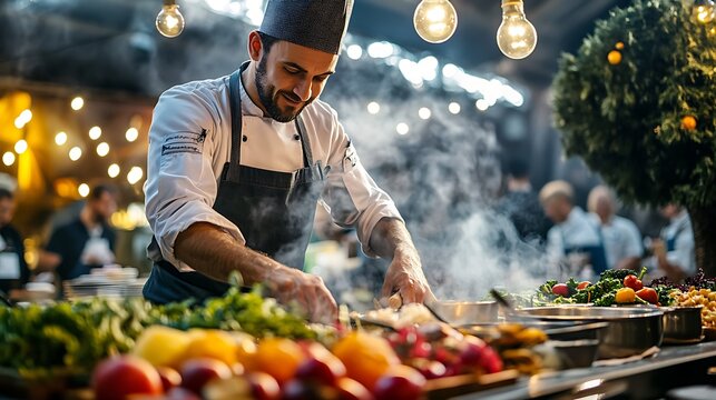 A chef demonstrating how to prepare vegetarian dishes on stage during a festival cooking show