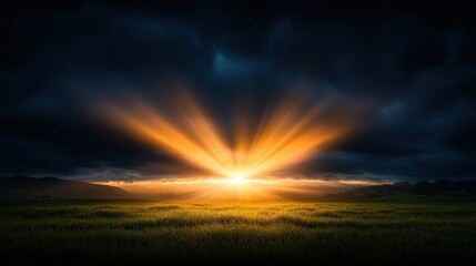 Sunlight breaking through the clouds over a peaceful countryside landscape