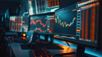 Row of computer monitors on a modern office desk, ready for use