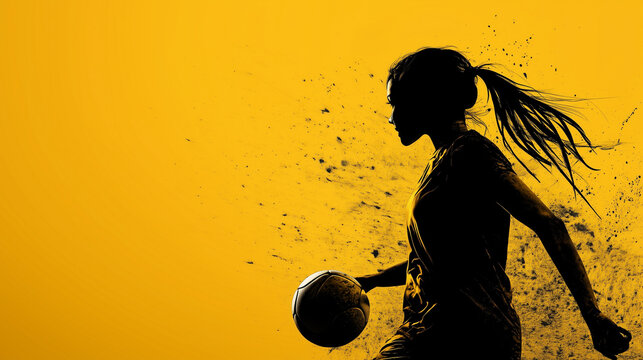Female handball player in silhouette about to throw a ball against a textured yellow background - Powered by Adobe