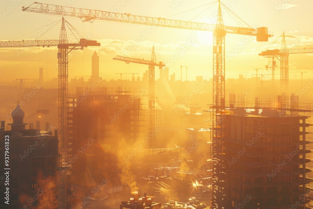 Poster Cityscape of a metropolis undergoing development with numerous high-rise structures in various stages of construction