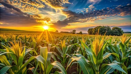 Golden ears of corn rustle in the gentle breeze against a bright blue summer sky in a lush Ohio countryside landscape at sunset.