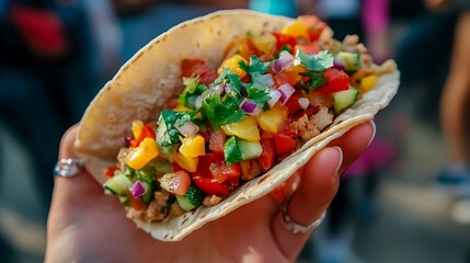 A festival-goer holding a plant-based taco filled with colorful vegetables and fresh toppings
