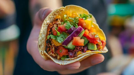 A festival-goer holding a plant-based taco filled with colorful vegetables and fresh toppings