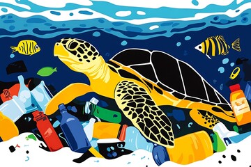 Fototapeta premium Sea turtle swimming in polluted ocean, surrounded by plastic, minimalist style, cartoon art, close-up.