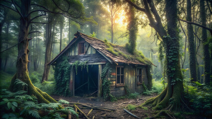 The dilapidated cabin is hidden in a dense forest, surrounded by an abandoned atmosphere and wild nature.